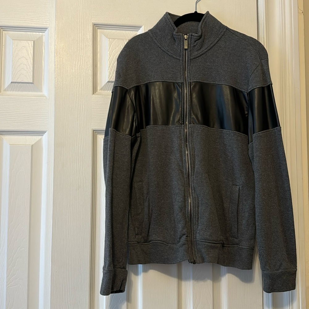 Men’s light weight grey jacket with faux black leather detailing